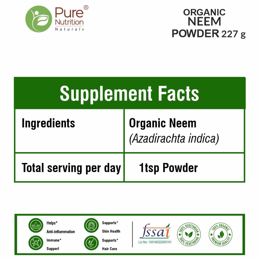 Pure Nutrition Organic Neem Powder - 227g | 100% Pure and Natural | Supports Skin Health, Detoxification, and Immunity