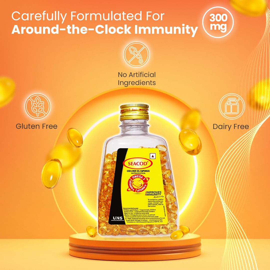 Seacod Cod Liver Oil Capsule 300 mg | Omega-3, Vitamins D & A | Immune & Heart Health