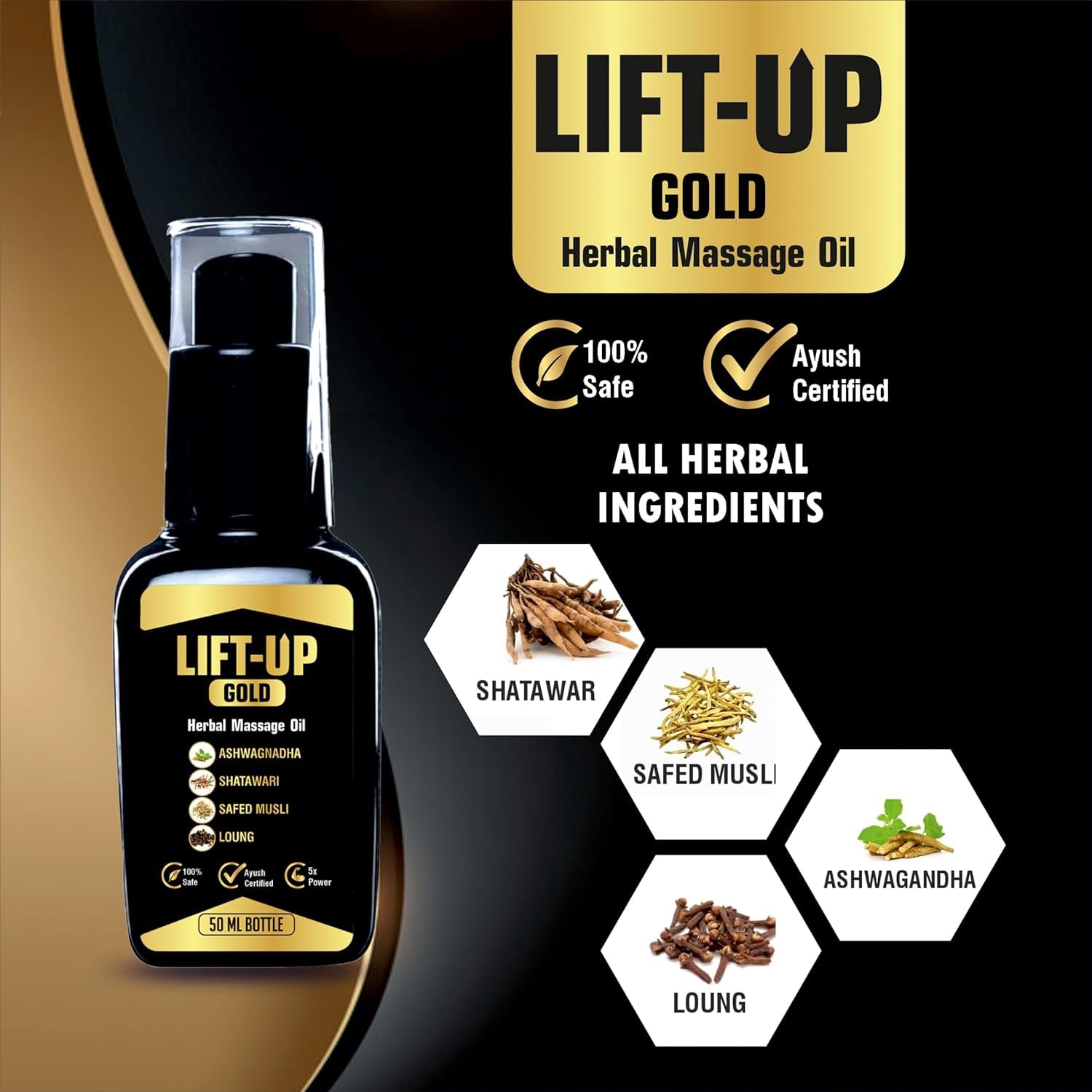 Vedavay Lift Up Gold Oil -  Massage Oil - 50ml for Men Performance Oil restores energy & hardens the relaxing muscles Ashwagandha, Safed Musli, Shatawar, Loung