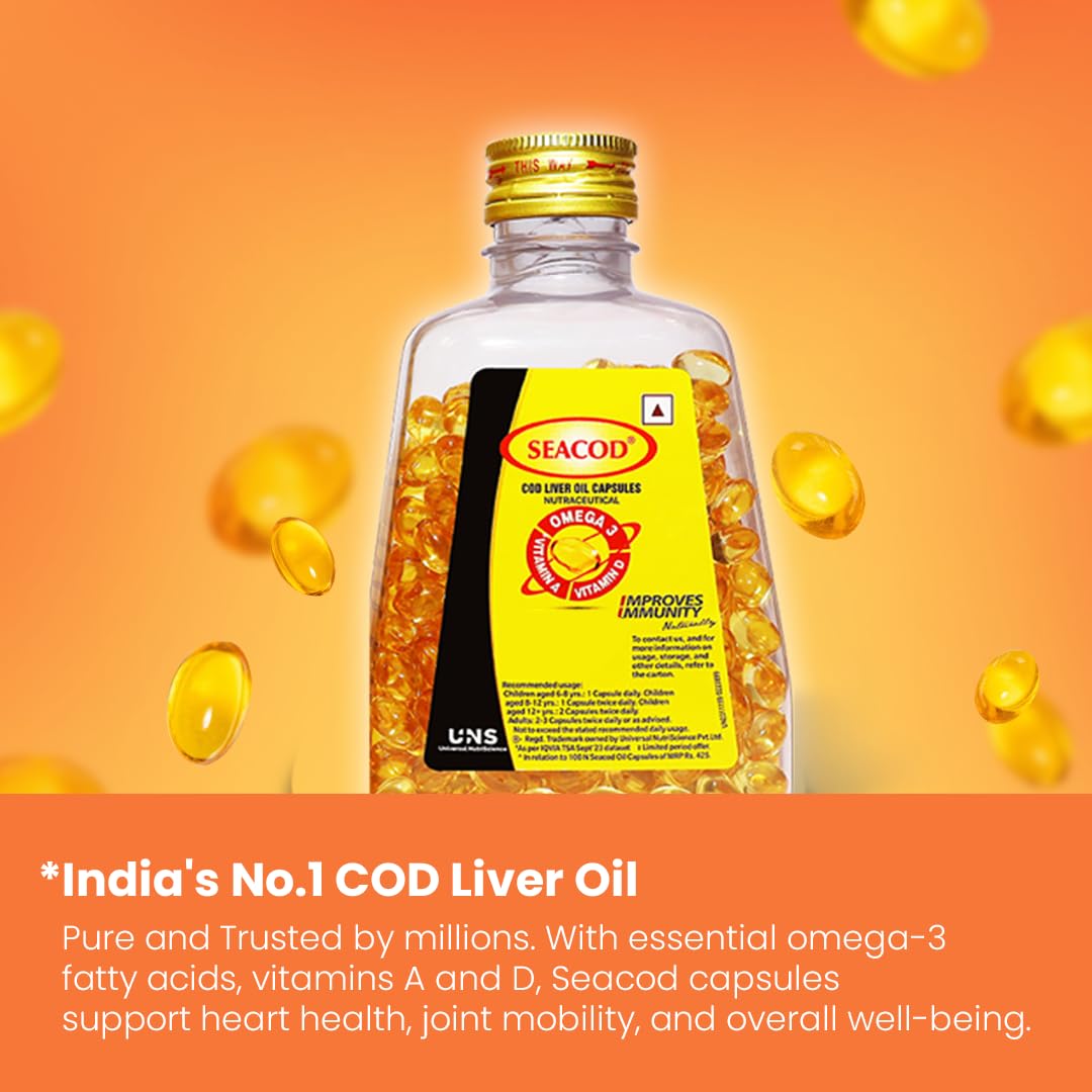 Seacod Cod Liver Oil Capsule 300 mg | Omega-3, Vitamins D & A | Immune & Heart Health