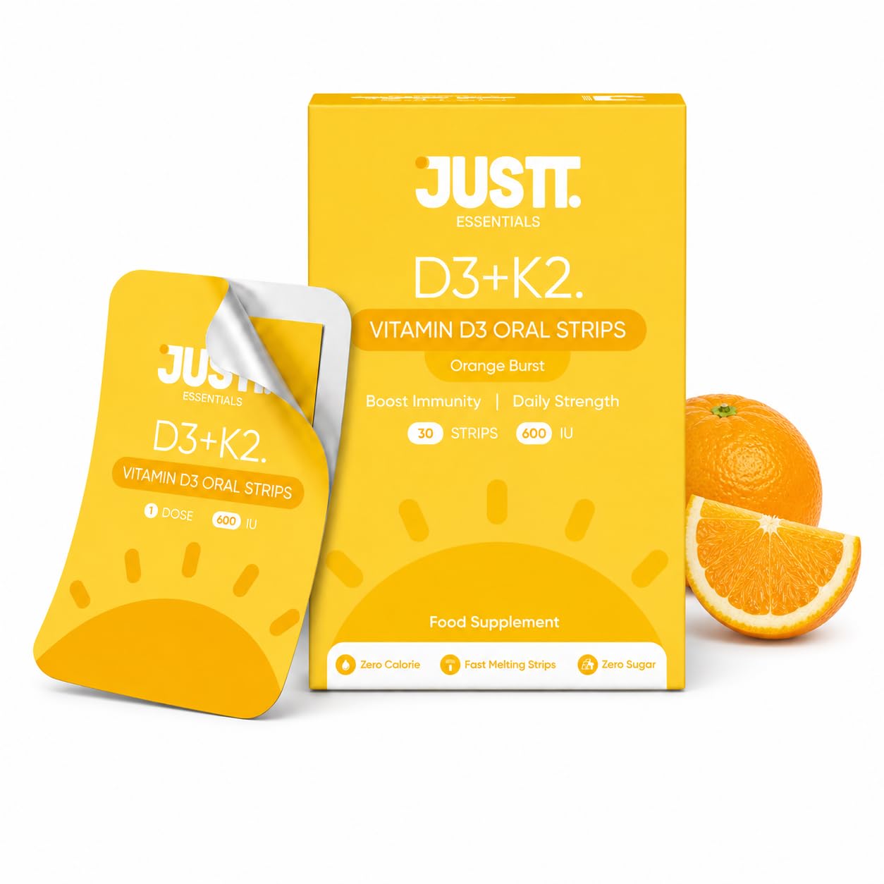 Justt Essentials D3+K2 Vitamin D3 Oral Strips, 600 IU, Orange Burst Flavour, Fast Dissolving, Sugar-Free, 30 Strips