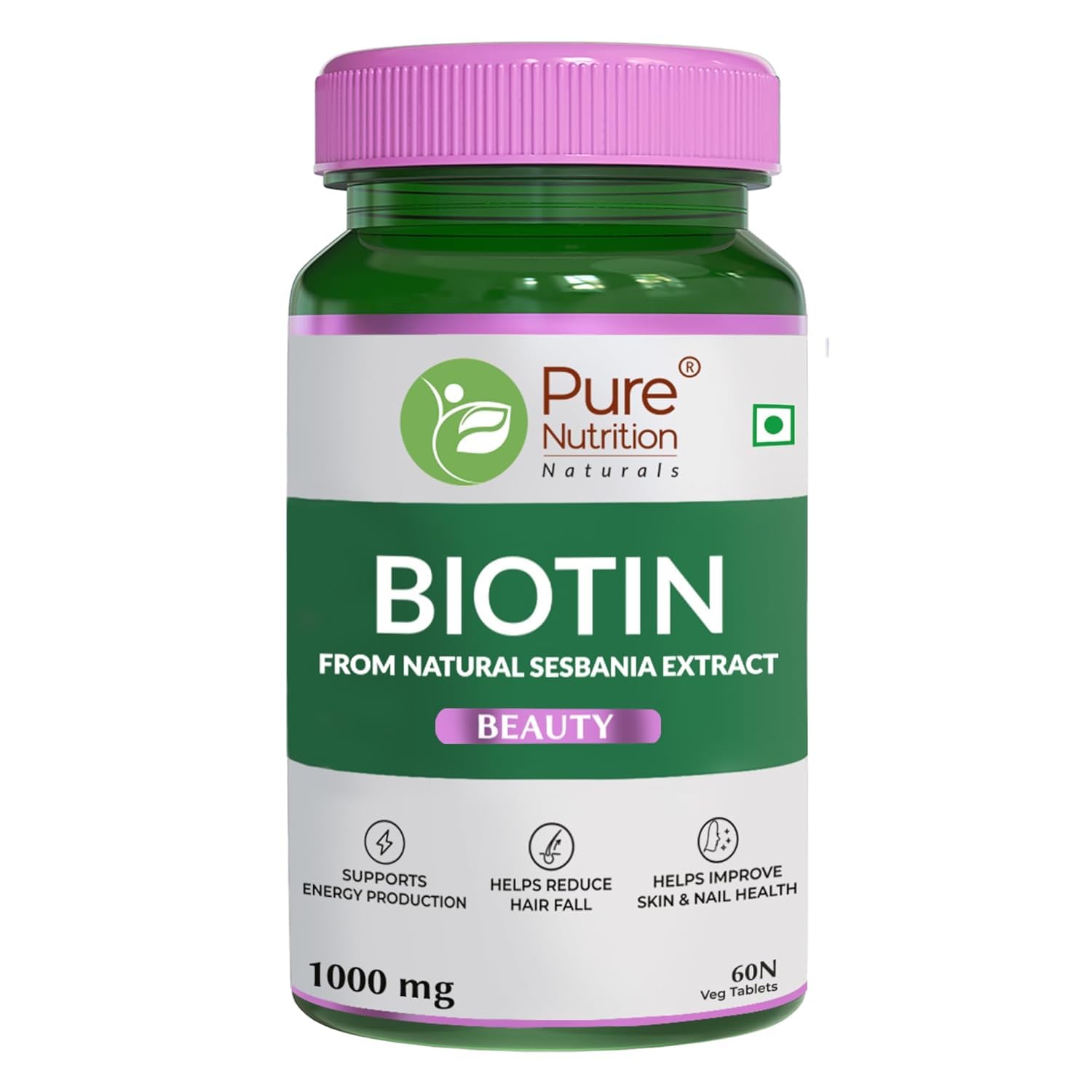 Natural Sesbania Biotin 1000mg Tablets, 60 Count - Vegan Keratin Support