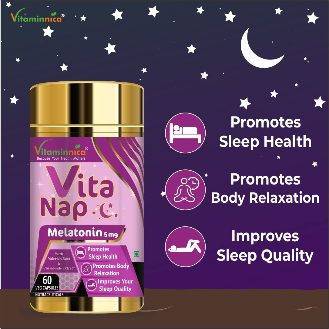 Vitaminnica Vita Nap Melatonin Sleeping Pills – Supports Restful Sleep, Fall Asleep Faster & Promotes Relaxation – Stress & Occasional Sleeplessness Support – 60 Veg Capsules