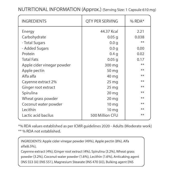 Pure Nutrition Apple Cider Vinegar 610mg Veg Capsule - 60 Capsules