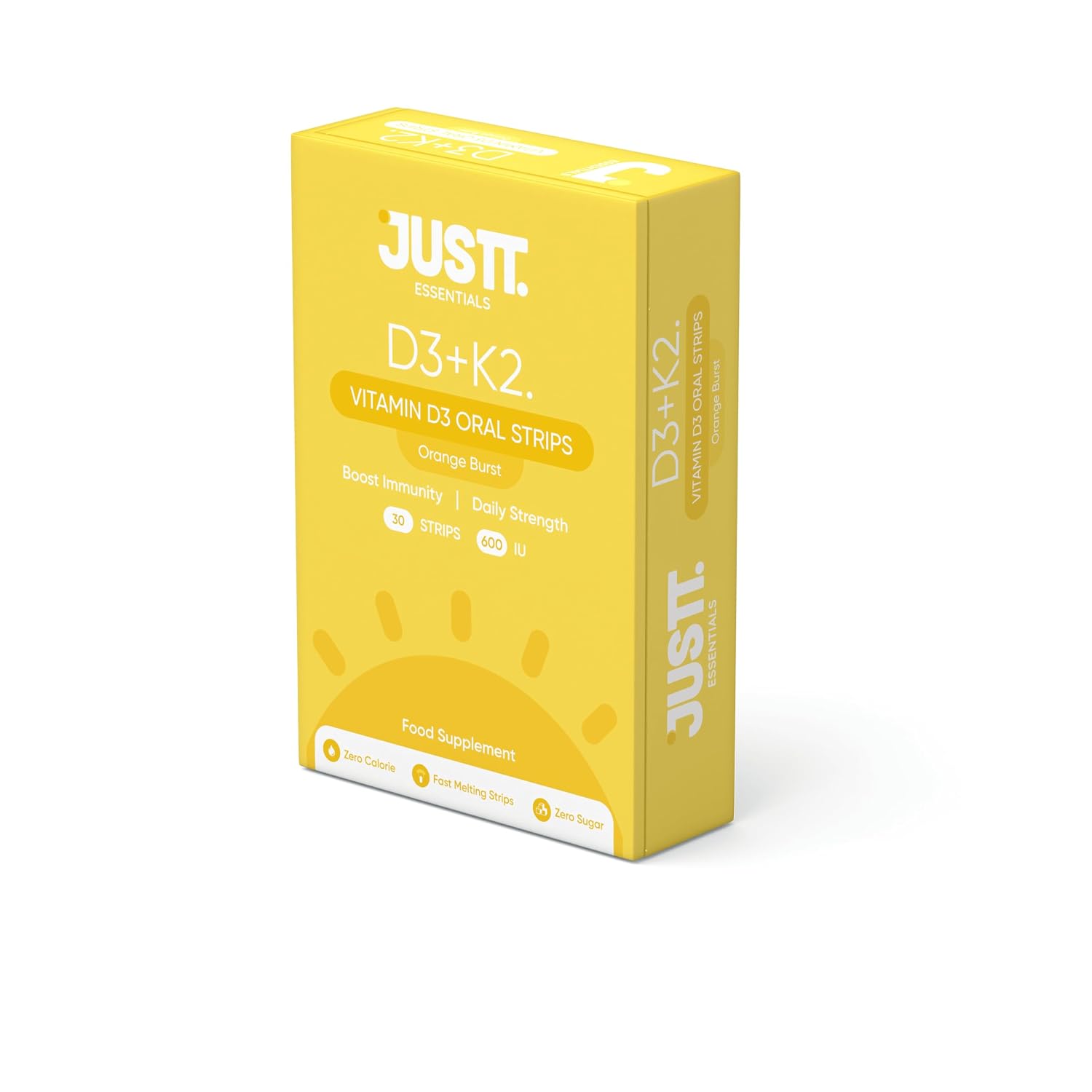 Justt Essentials D3+K2 Vitamin D3 Oral Strips, 600 IU, Orange Burst Flavour, Fast Dissolving, Sugar-Free, 30 Strips