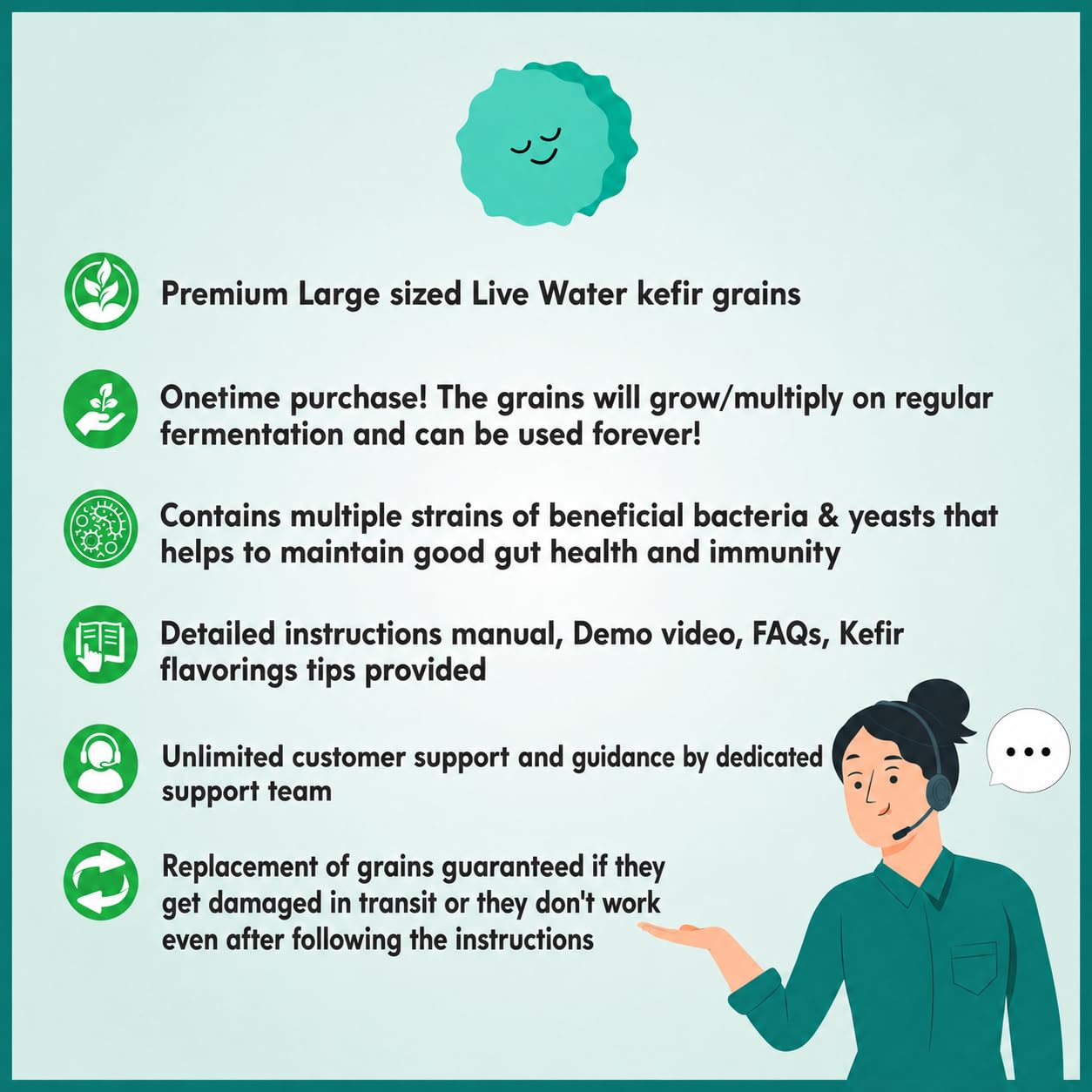 Kelifta by Feelgood Kefir® - Live Large Sized Water Kefir Grains (50g) | IIncludes Strainer & Spoon | Lifetime Support | Kefir Probiotic