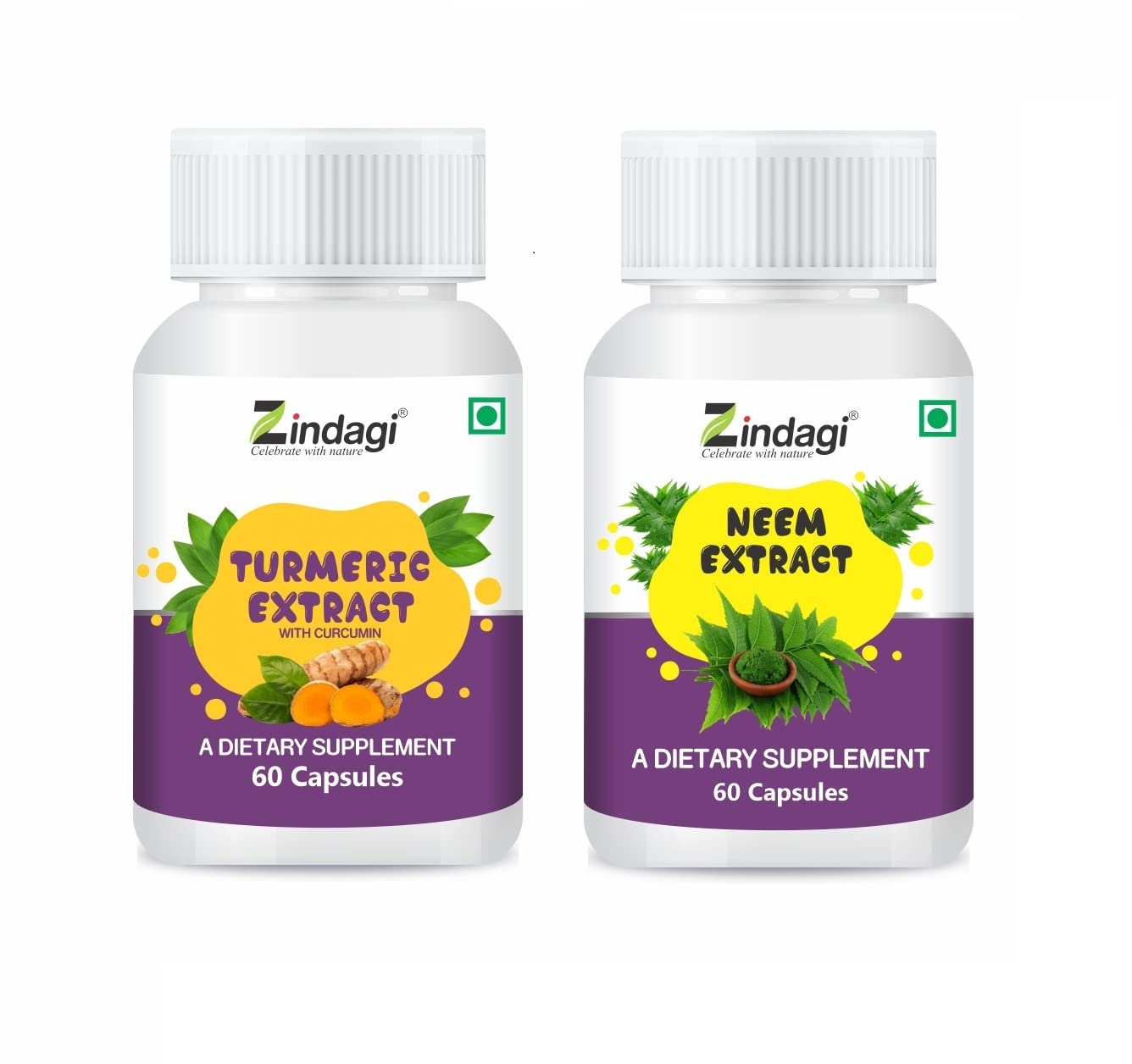 Zindagi 100% Pure Neem Extract Capsules with Turmeric Extract (Standardized Curcumin) | Powerful Antioxidant & Blood Purifier Herbal Combo Pack