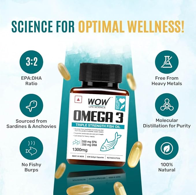 WOW Life Science Omega 3 Softgel Capsule - 1300 mg | EPA & DHA for Healthy Heart, Eyes & Joints - 60 Capsules