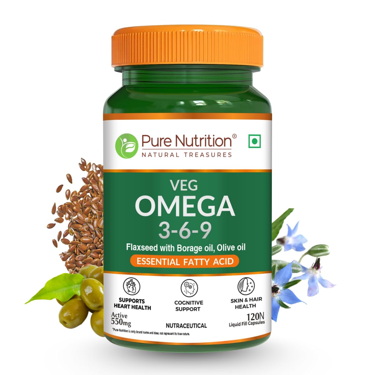 Pure Nutrition Vegan Omega 3-6-9 Capsules (550mg) for Men & Women | Flaxseed with Borage & Olive Oil | Supports Heart, Skin, Joint & Muscle Health | Plant-Based Omega for Overall Wellness - 120 Capsules