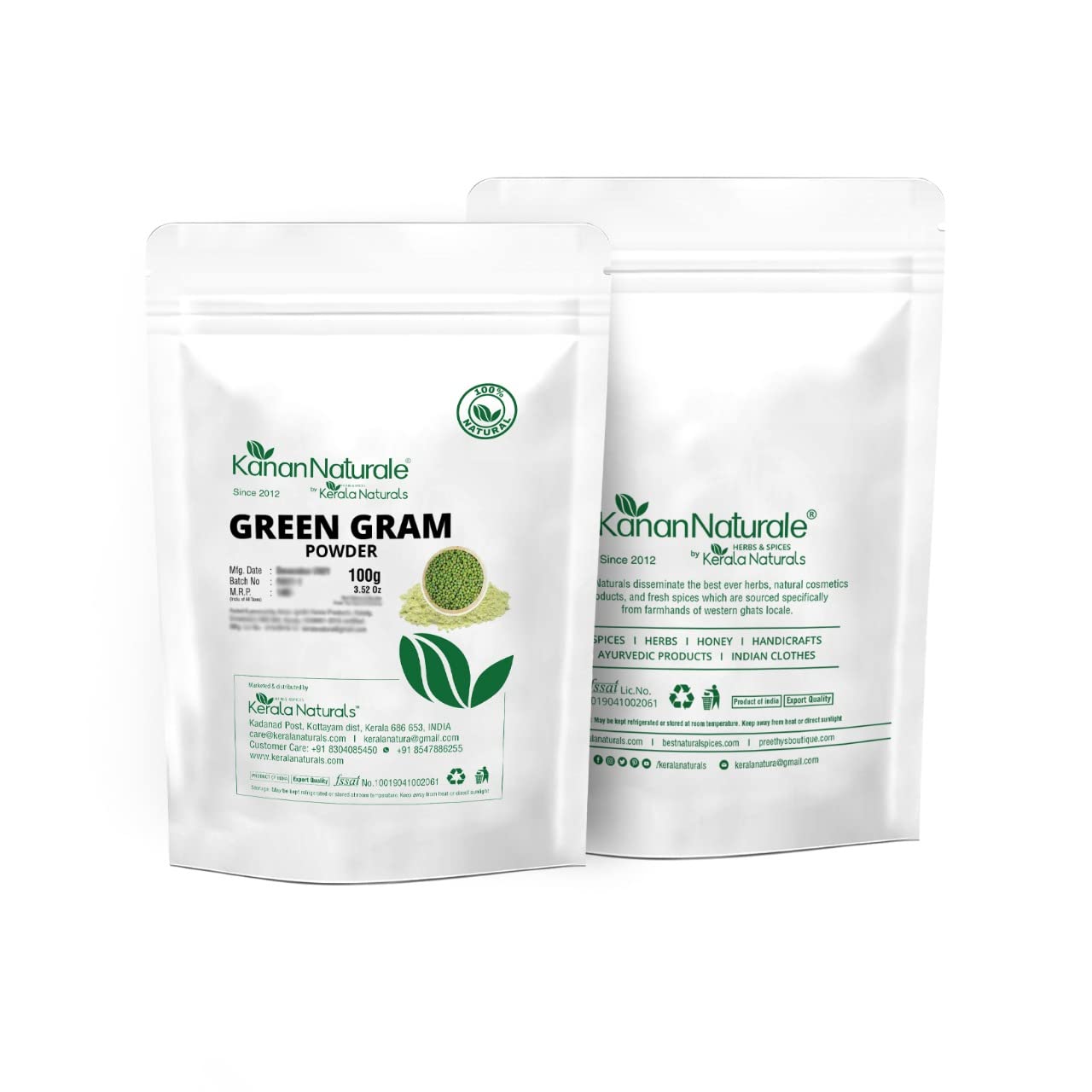 Kerala Naturals Green Gram Powder 100g - Natural Face Scrub & Body Cleanser