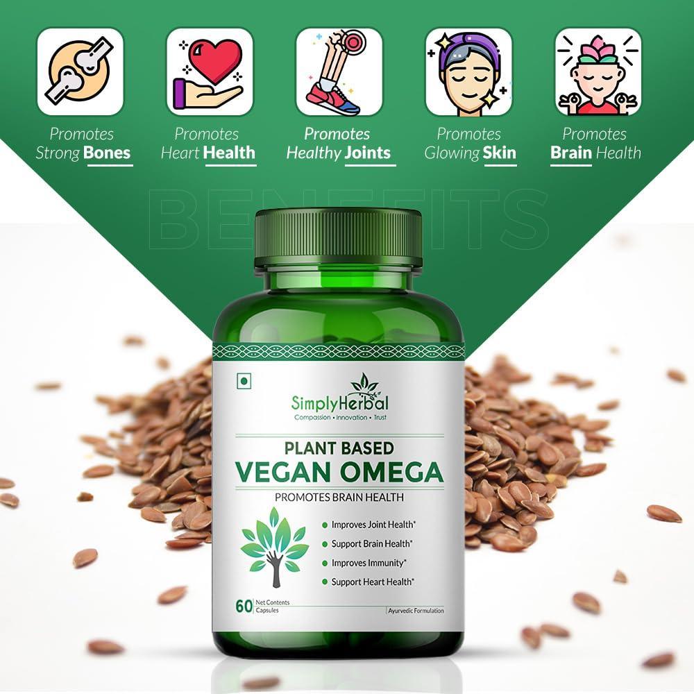 Simply Herbal Vegan Omega 3 6 9 Capsules 500mg Supplement Triple Strength Flaxseed, DHA for Heart, Joint & Brain Health, Immunity Booster - 60 Capsules
