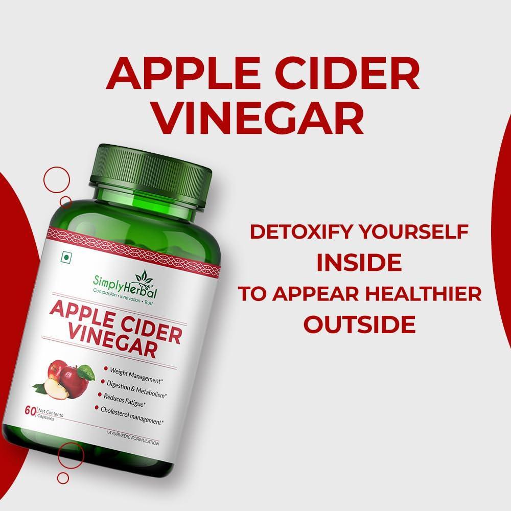 Simply Herbal Apple Cider Vinegar Capsules - 500mg Supplement for Weight Management | ACV Capsules, Probiotics Blend, Boost Metabolism, Belly Fat Loss- 60 Veg Capsules