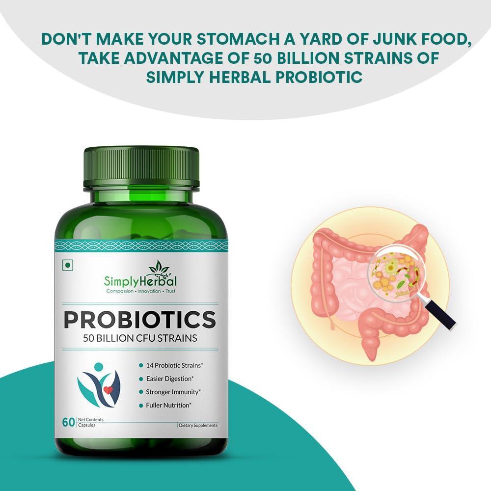 Simply Herbal Probiotics 50 Billion CFU Strains Capsules for Men & Women - 60 Capsules