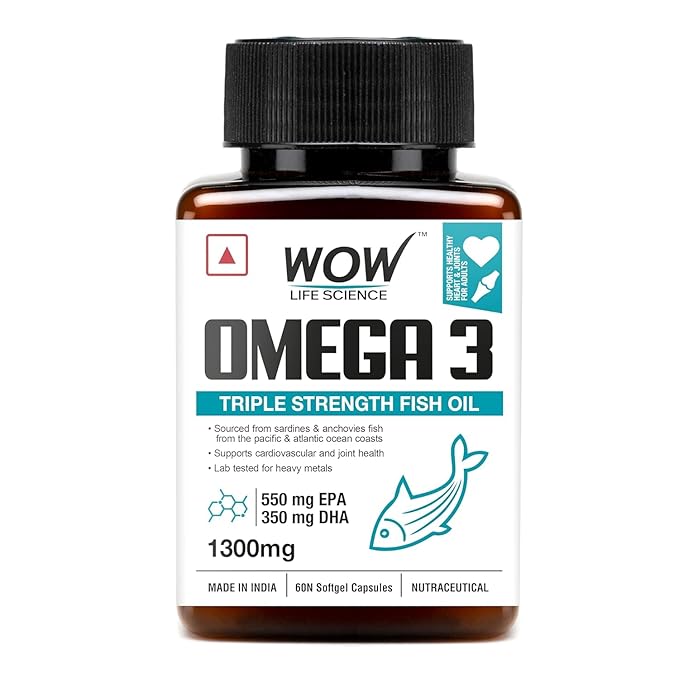 WOW Life Science Omega 3 Softgel Capsule - 1300 mg | EPA & DHA for Healthy Heart, Eyes & Joints - 60 Capsules