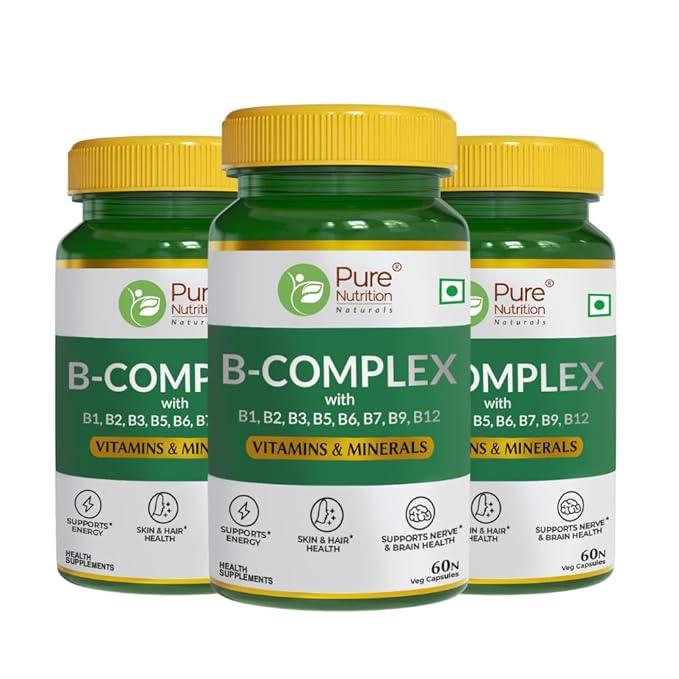 Pure Nutrition Vitamin B-Complex Tablets - 100% RDA for B Vitamins with B1, B2, B3, B5, B6, & B9| Boost immunity & support hair growth - 60 Veg Capsules