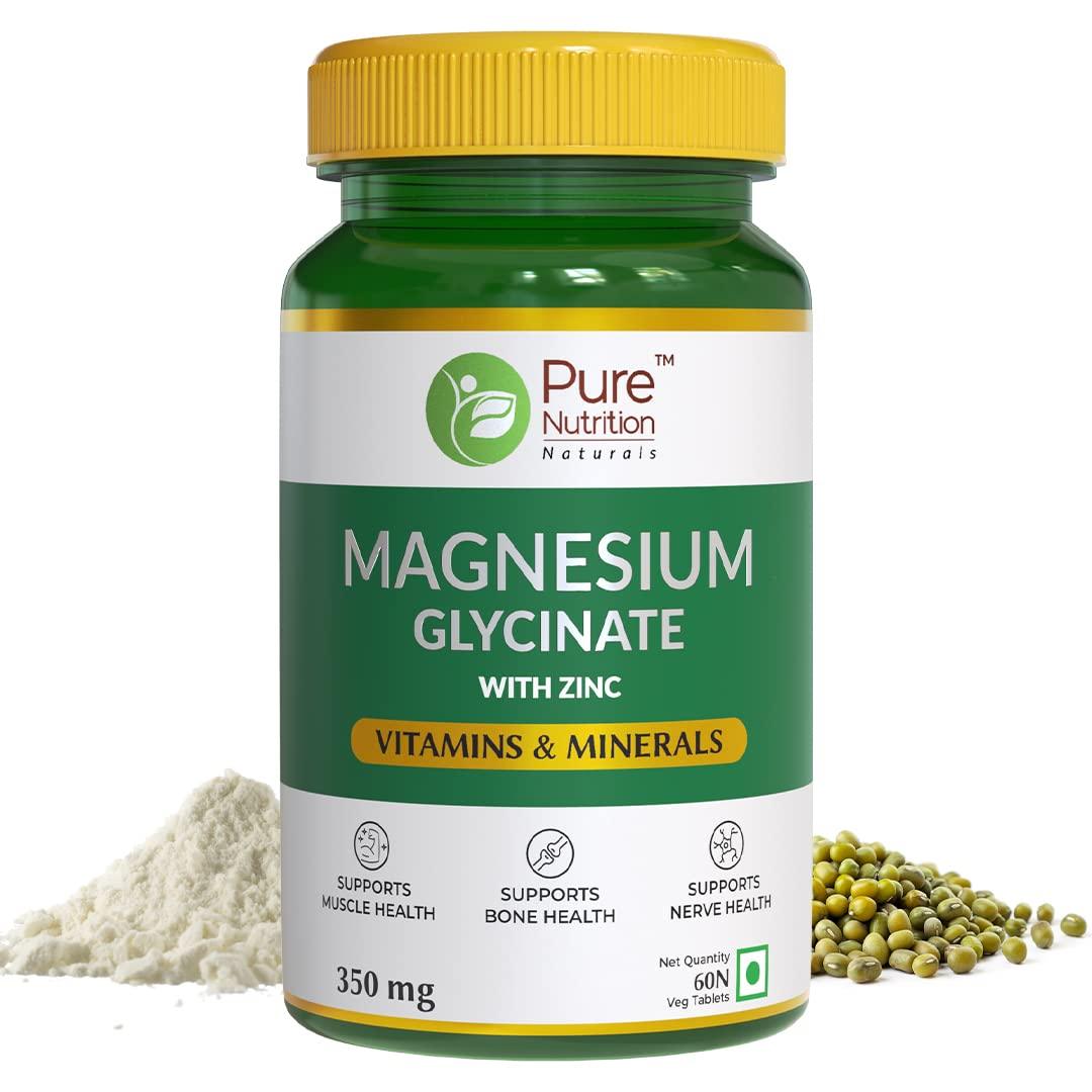 Pure Nutrition Magnesium Glycinate Tablet with Zinc for Bones, Muscles & Nerve Health - 60 Tablets