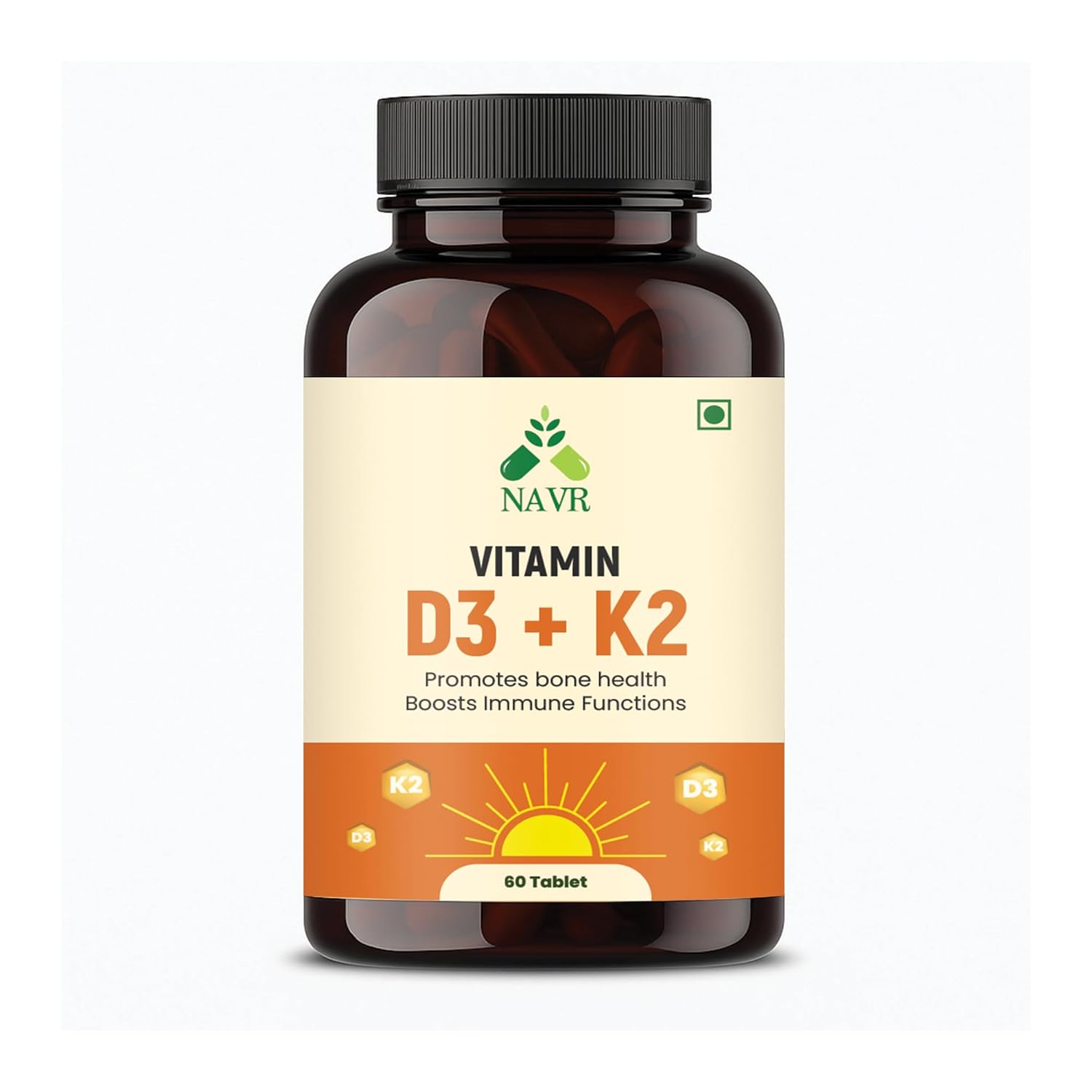 NAVR Vitamin D3 K2 (MK7) Supplement for Bone & Heart Health - 60 Tablets