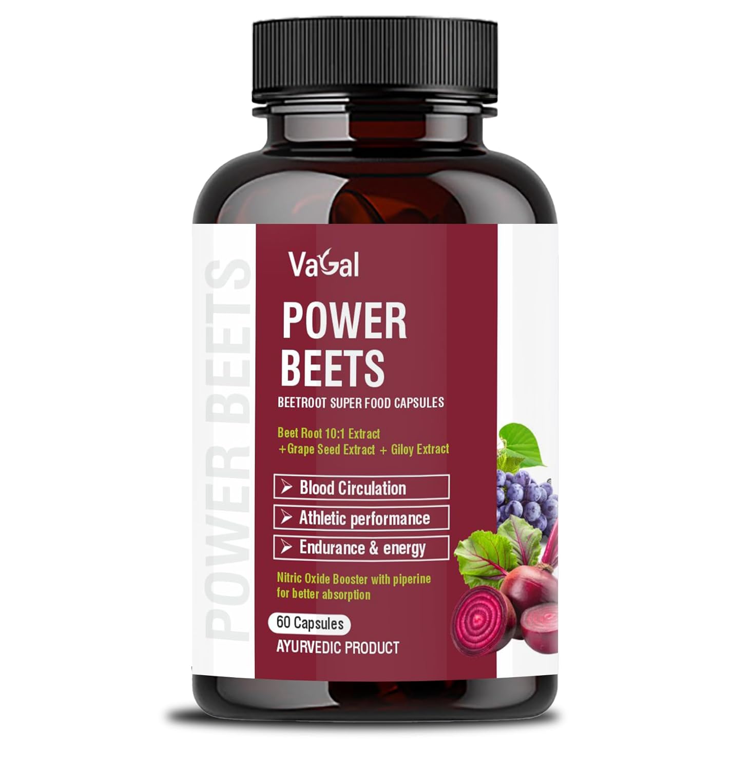VaGal Power Beets Beetroot Superfood Capsules with 10:1 Extract, Grape Seed & Giloy, Nitric Oxide Booster for Blood Circulation, Energy & Athletic Performance, 60 Ayurvedic Capsules