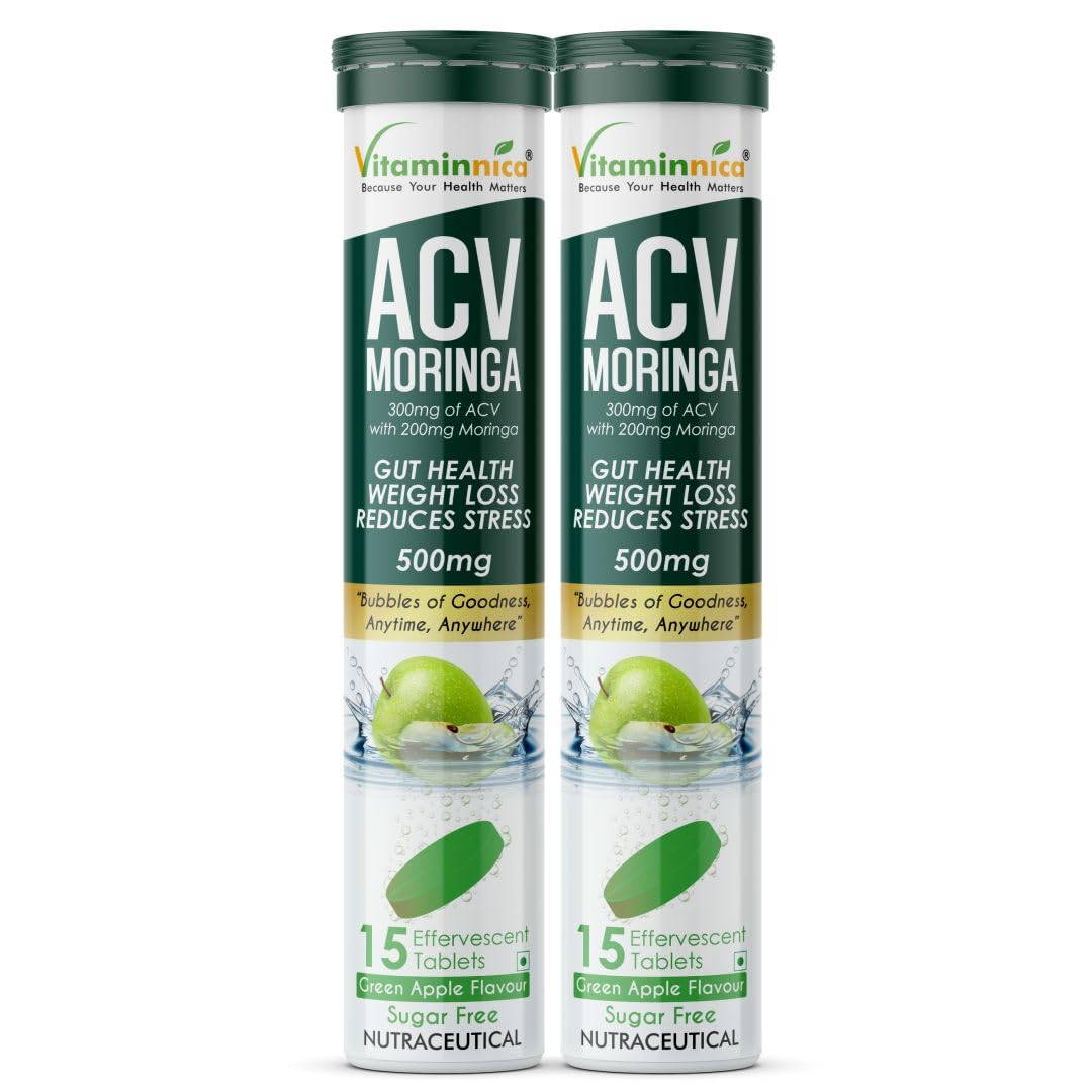 Vitaminnica ACV Moringa Effervescent Tablets | Controls Cravings, Supports Gut Health & Weight Management | Reduces Stress | Sugar Free Wellness Drink | Green Apple Flavour | 15 Tablets (Pack of 1)