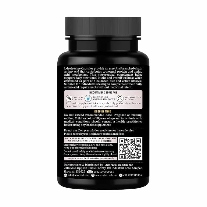 Adorreal L-Isoleucine Capsules (60 Capsules) | Essential Branched-Chain Amino Acid (BCAA) for Muscle Recovery, Endurance & Energy Production