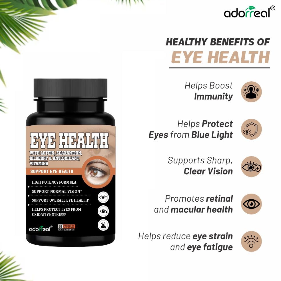 Adorreal Eye Health Capsules (60 Capsules) | Supports Vision, Reduces Eye Strain, Blue Light Protection & Macular Health