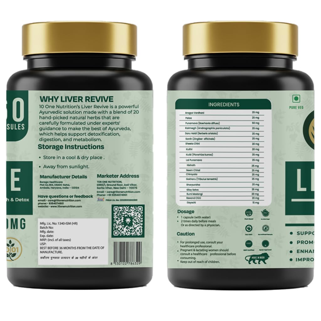10 One Nutrition Liver Revive Detox 500mg (60 Veg Capsules) | Natural Liver Care, Fatty Liver Support & Digestive Enzyme Support