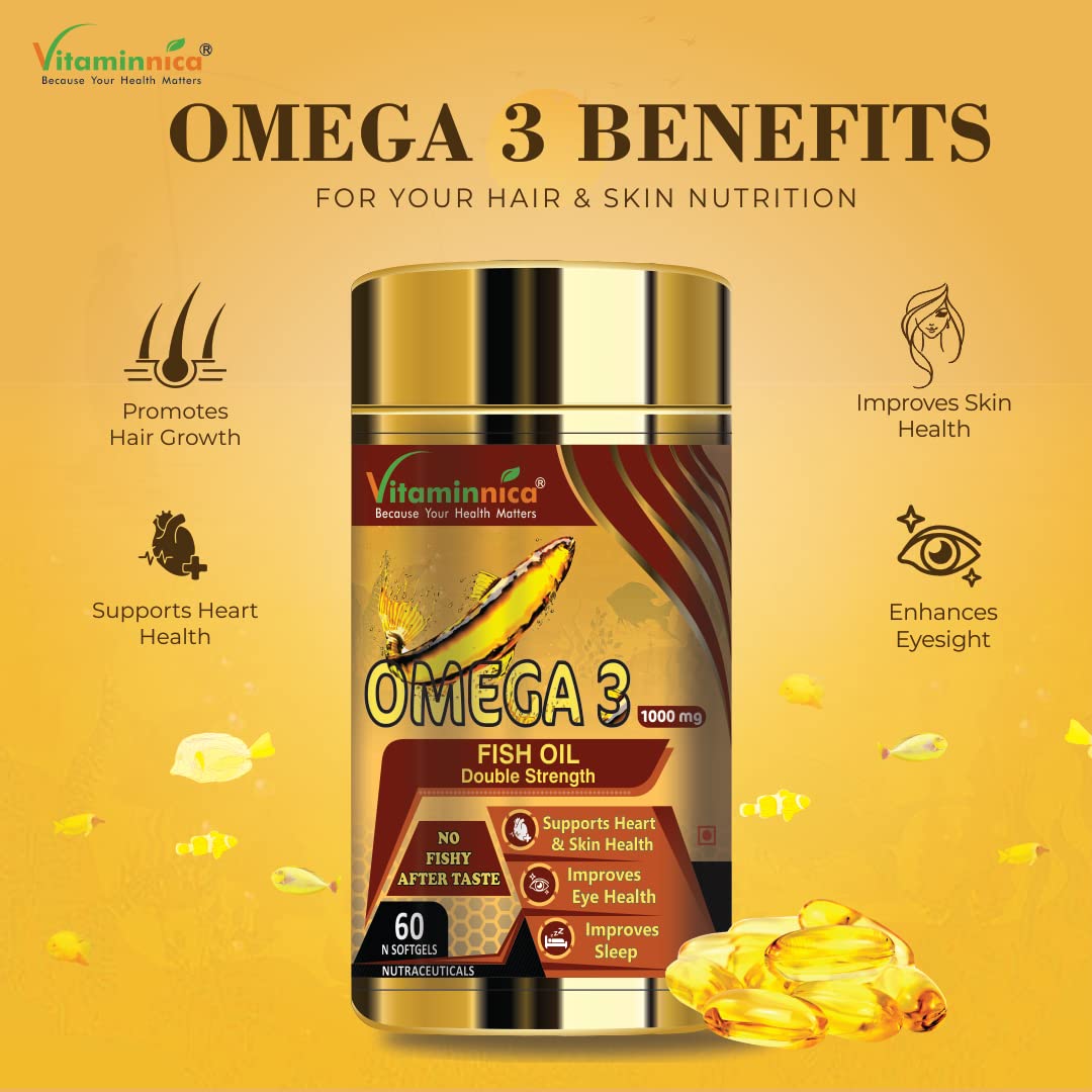 Vitaminnica Salmon Omega 3 Fish Oil Softgels Fatty Acids Great For Eyes, Skin, Heart, Joints & Brain Health || Double Strength (EPA & DHA) 60 Softgels for Men and Women