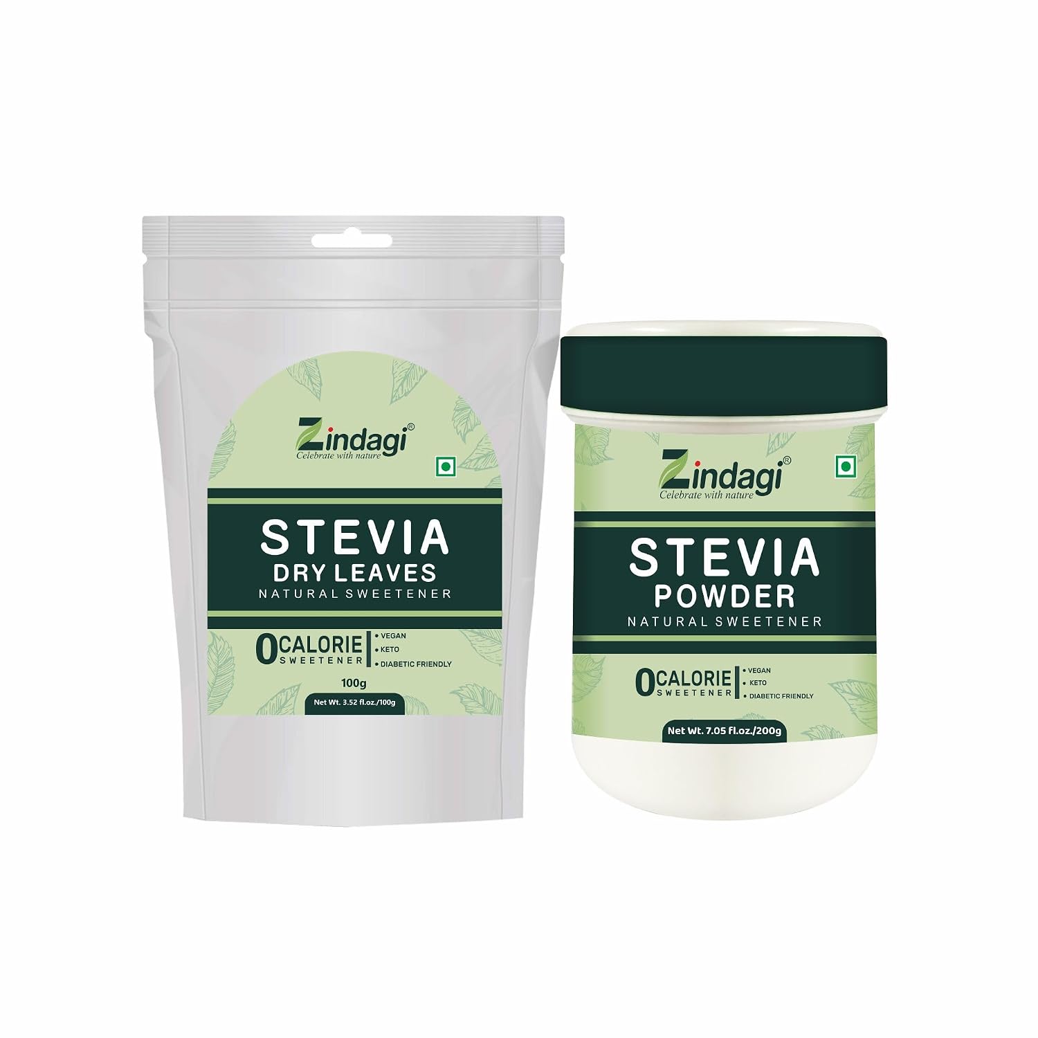 Zindagi Stevia Sugar Powder & Natural Stevia Leaves | 100% Natural Zero-Calorie & Diabetic-Friendly Sweetener Combo Pack