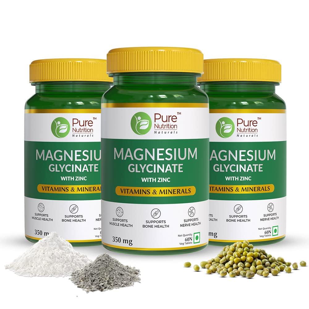 Pure Nutrition Magnesium Glycinate Tablet with Zinc for Bones, Muscles & Nerve Health - 60 Tablets