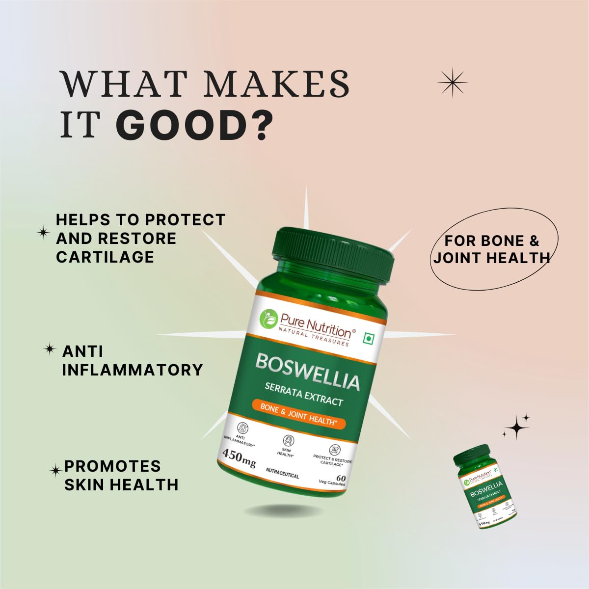 Pure Nutrition Boswellia Serrata Capsules - 450mg –  60 Veg Capsules - Supports Joint & Bone Health, Reduces Inflammation & Stiffness | Boosts Immunity & Skin Health | Natural Ayurvedic Herb for Mobility & Flexibility | For Men & Women