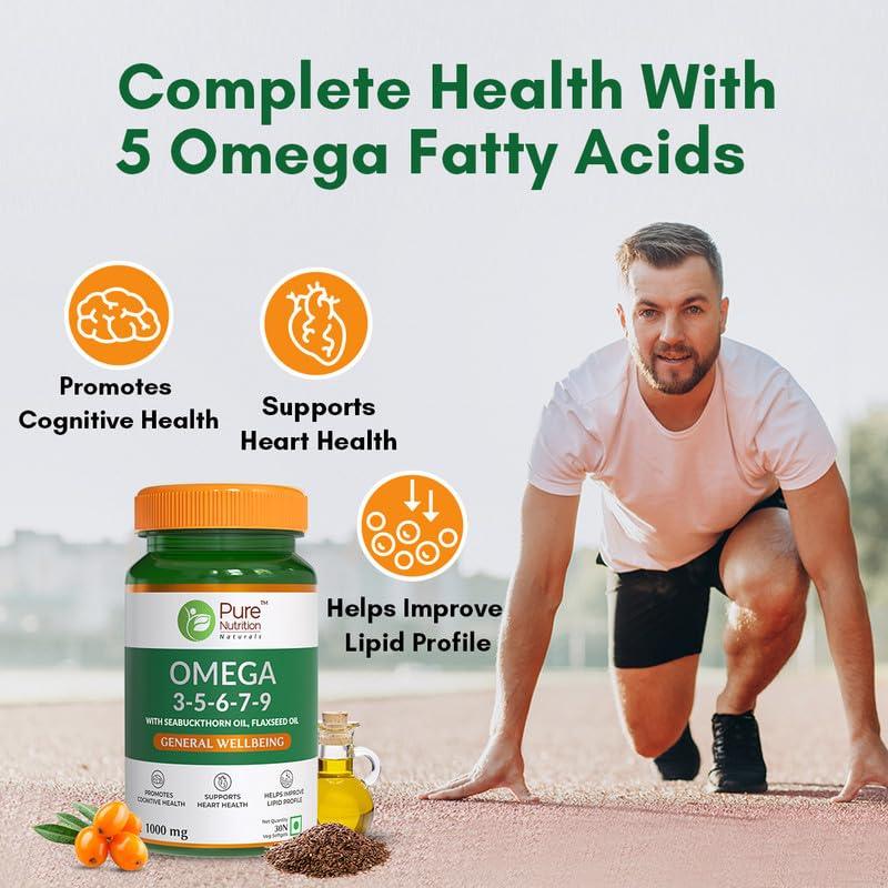 Pure Nutrition Omega 3-5-6-7-9 with Seabuckthorn & Flaxseed Oil | Veg Softgels for Heart & Brain Health - 60 Softgels