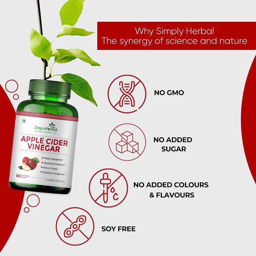 Simply Herbal Apple Cider Vinegar Capsules - 500mg Supplement for Weight Management | ACV Capsules, Probiotics Blend, Boost Metabolism, Belly Fat Loss- 60 Veg Capsules