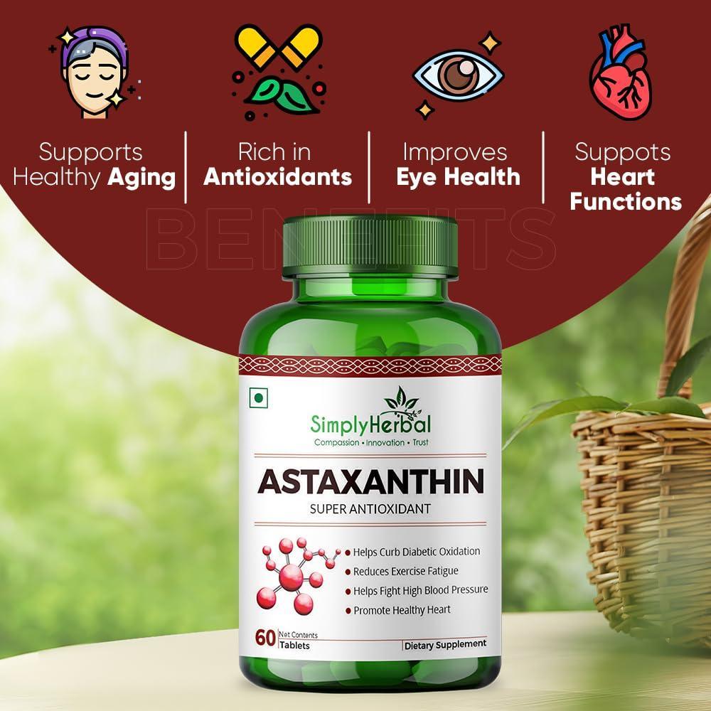 Simply Herbal Astaxanthin 4mg Super Antioxidant, Supplement tablet Promote Healthy Skin & Muscle Health Also Support Heart Function & Immunity (60 Veg Tablets)