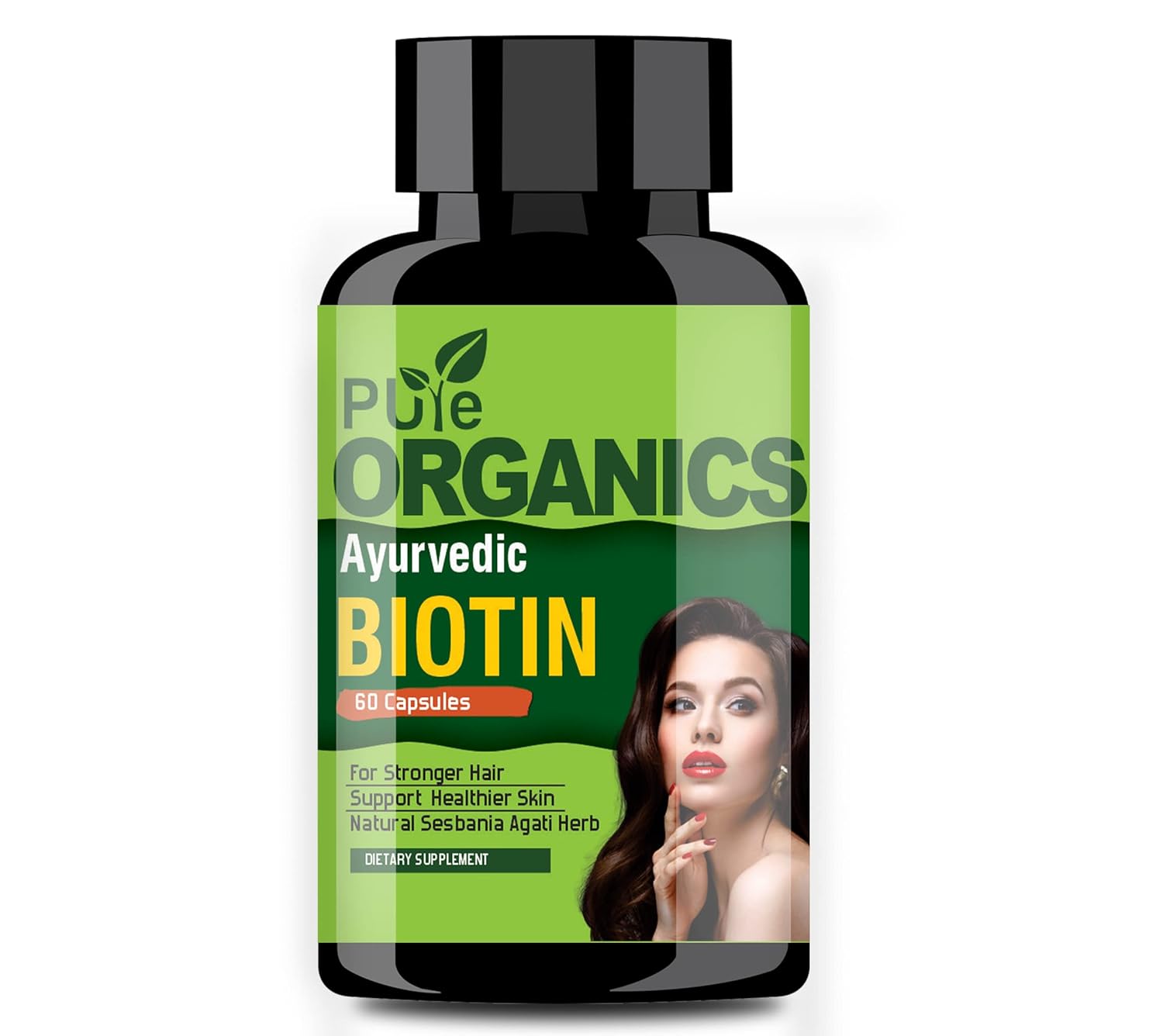Pure Organics Ayurvedic Biotin Capsules Supplement for Hair 60 Capsules for Stronger Hair, Support Healthier Skin, Natural Sesbania Agati Herb Vegetarian Capsules