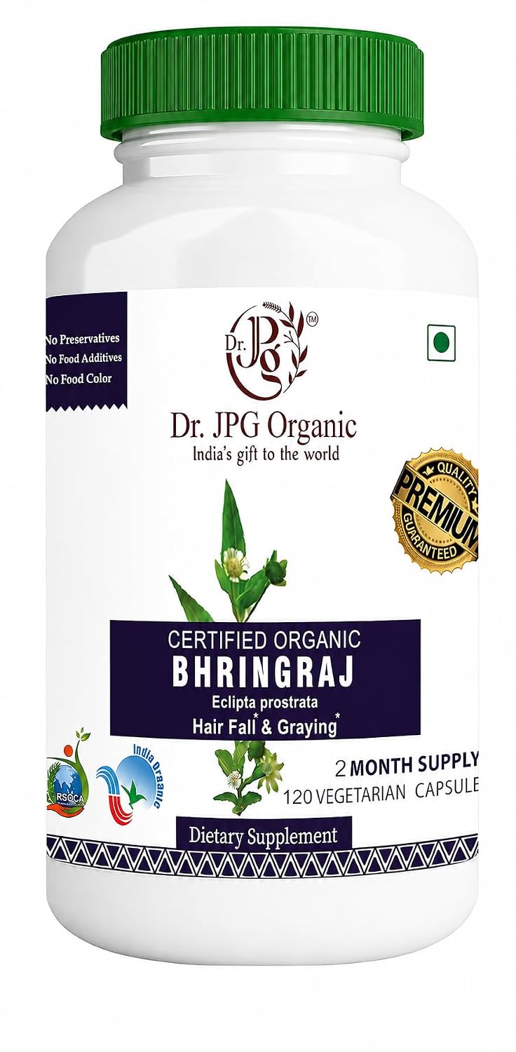 DR. JPG Organic Bhringraj Capsules (500mg, 120 Veg Capsules) | For Hair Growth, Scalp Health & Hair Fall Control | 100% Certified Organic