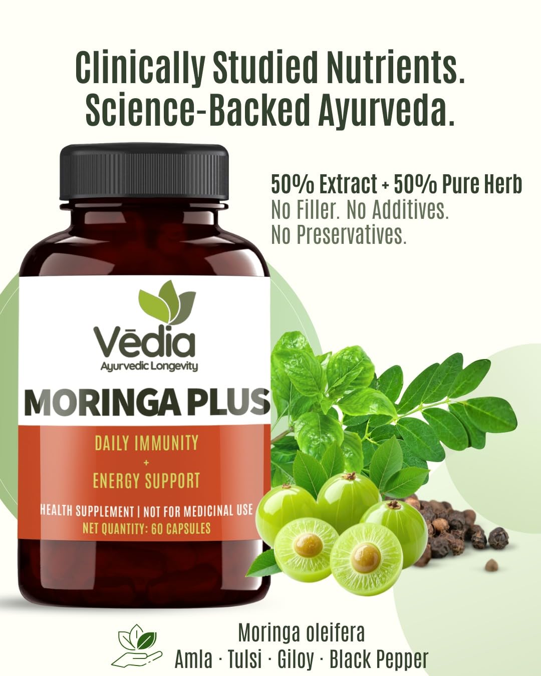 Vedia Moringa Plus (Natural Superfood) Capsules | Pure Moringa Leaf Extract for Energy, Immunity & Joint Support (60 Capsules)
