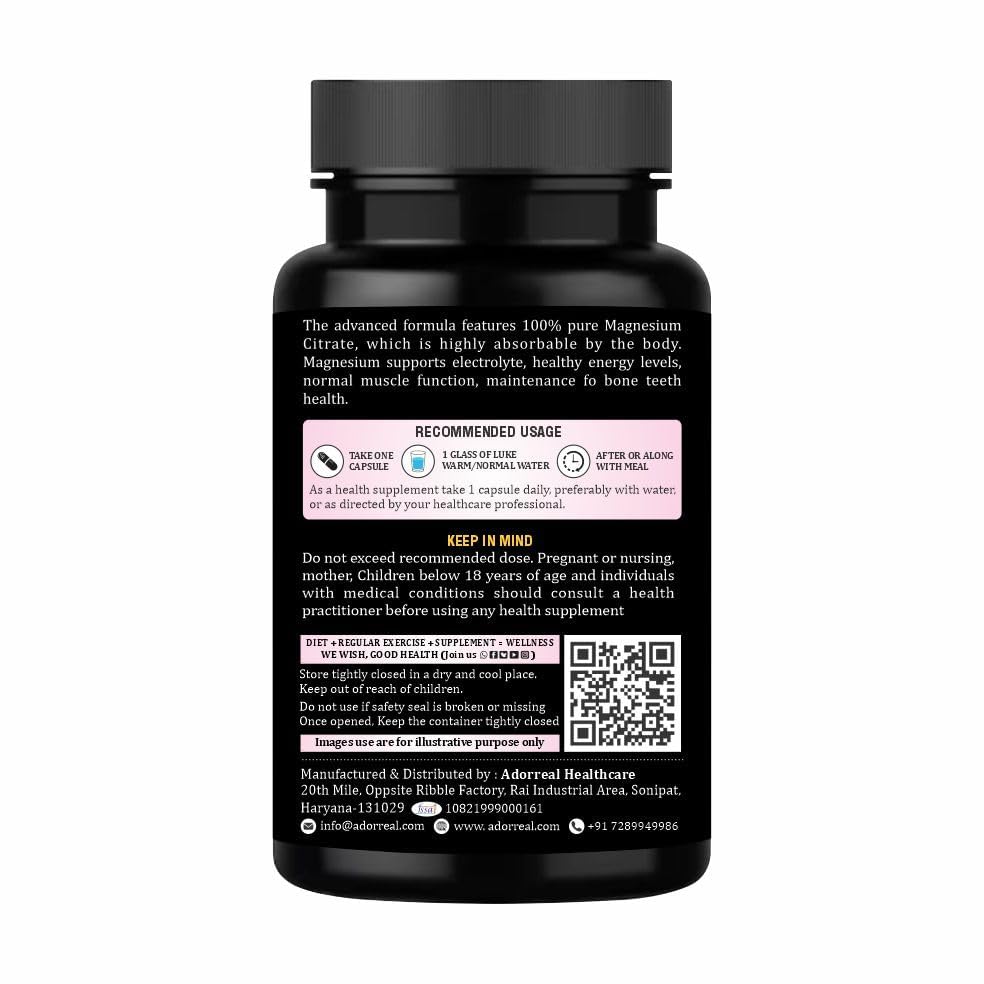 Adorreal Magnesium Citrate Capsules (60 Capsules) | High Absorption Mineral Supplement for Muscle Relief, Bone Strength, Nerve Support & Relaxation