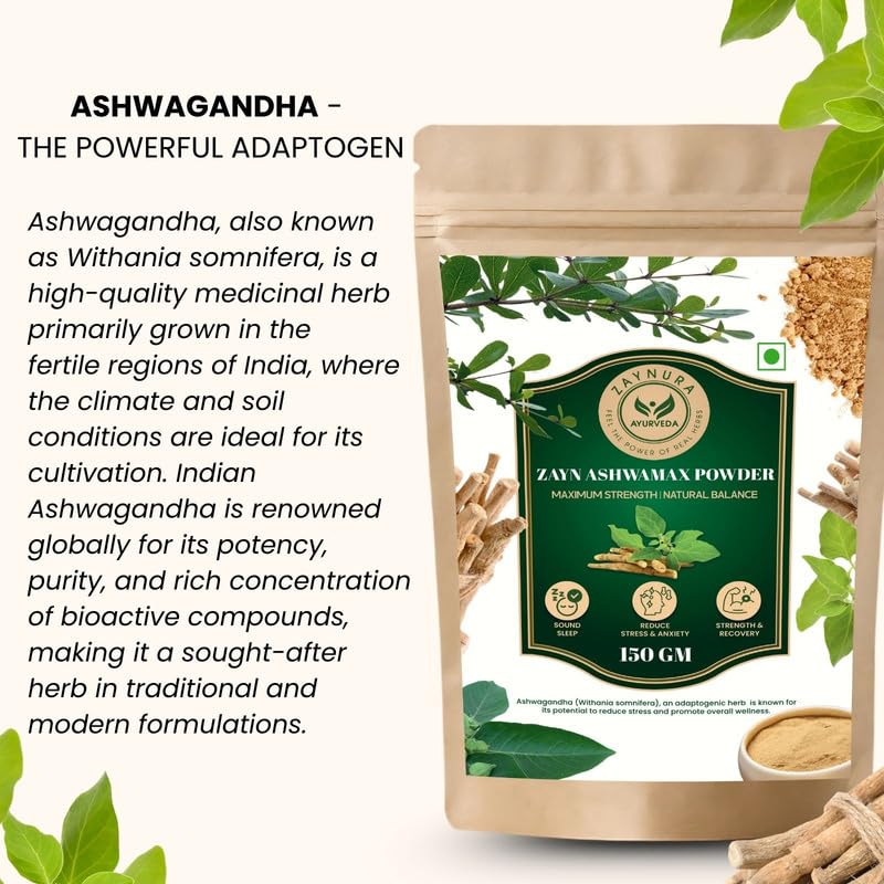 Zaynura Ayurveda Zayn Ashwamax Powder - Organic Ashwagandha Root Powder | High Potency Adaptogen | Stress Relief, Strength & Vitality
