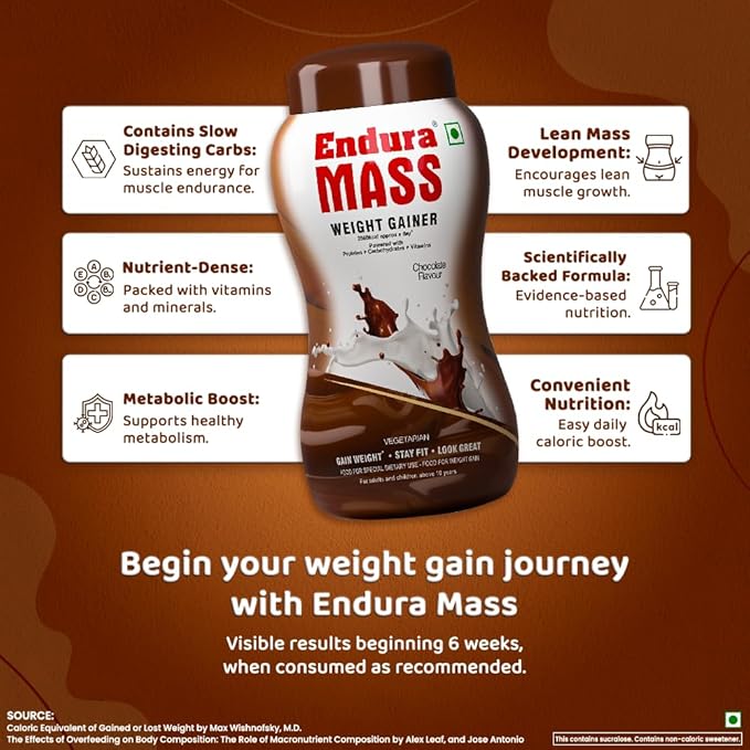Endura Mass Weight Gainer Powder to Stay Fit | For Adults & Children Above 10 Years | Flavour Chocolate - 500gm