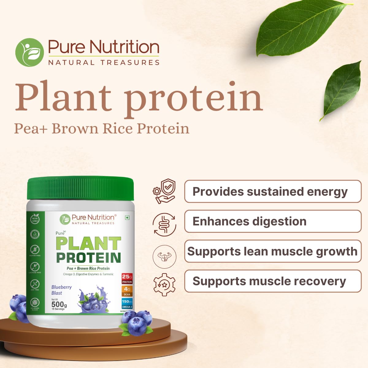 Pure Nutrition Plant Protein Powder for Men, Women - Berry Blast (500g) , With Pea & Brown Rice Protein with Omega3, Digestive Enzymes & Turmeric | Plant-based, Vegan Supplement for Muscle Growth & Strength | No Artificial Sweeteners