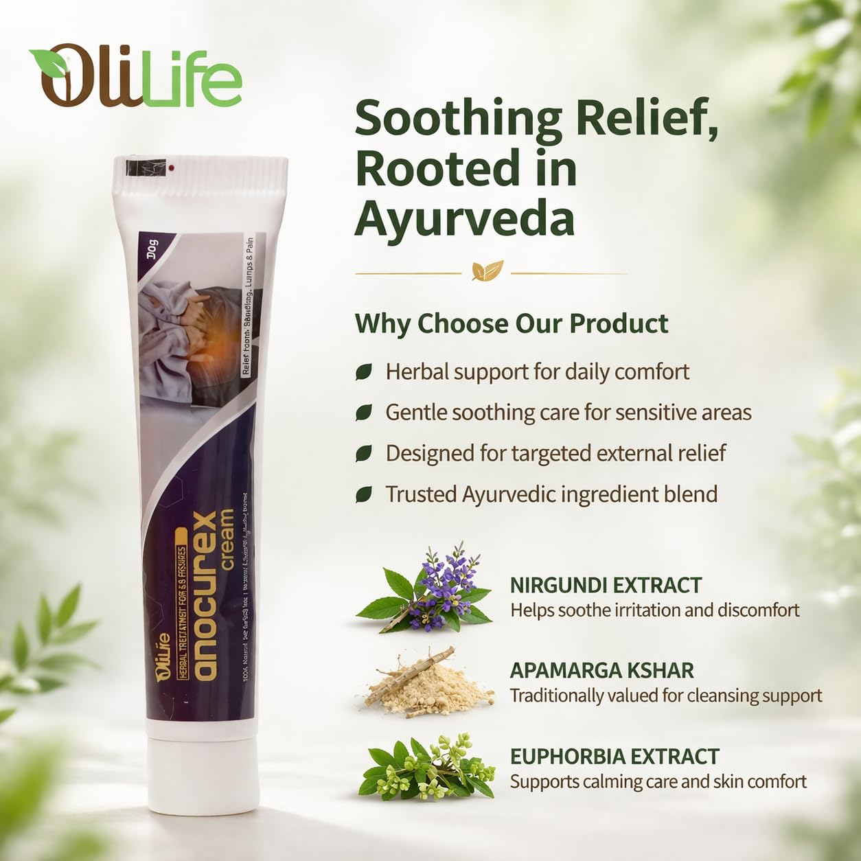 OliLife Anocurex Piles Cream 30g | Ayurvedic Herbal Relief for Piles, Hemorrhoids, Fissure & Fistula | Helps Reduce Pain, Burning, Itching & Swelling | Soothing Anal Care Ointment