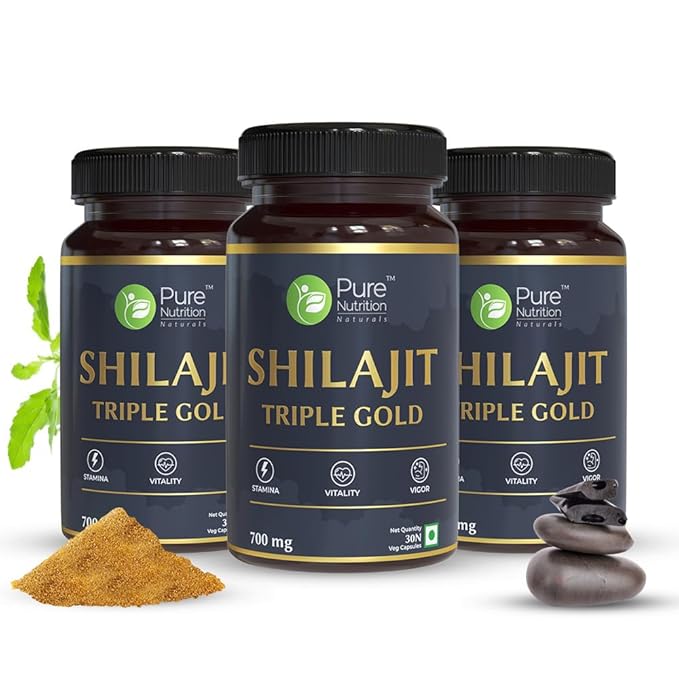 Pure Nutrition Shilajit Triple Gold Veg Capsule - 30 Capsules - With Kaunch Beej, Ashwagandha, Safed Musli, Gokhru & Shatavari For Energy, Strength, Stamina & Performance,Premium Ayurvedic Supplement For Men