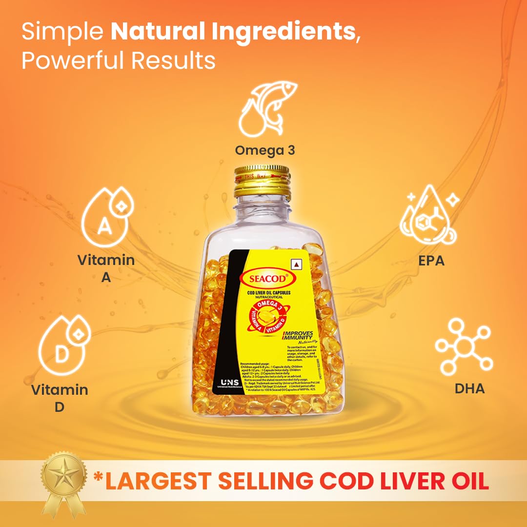 Seacod Cod Liver Oil Capsule 300 mg | Omega-3, Vitamins D & A | Immune & Heart Health