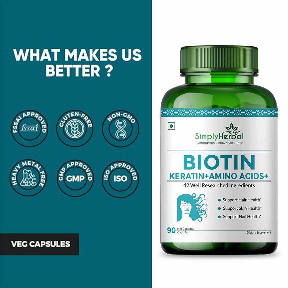 Simply Herbal Biotin 10000mcg Capsule With Keratin & Amino Acids for Hair, Skin & Nails (90 Capsules)