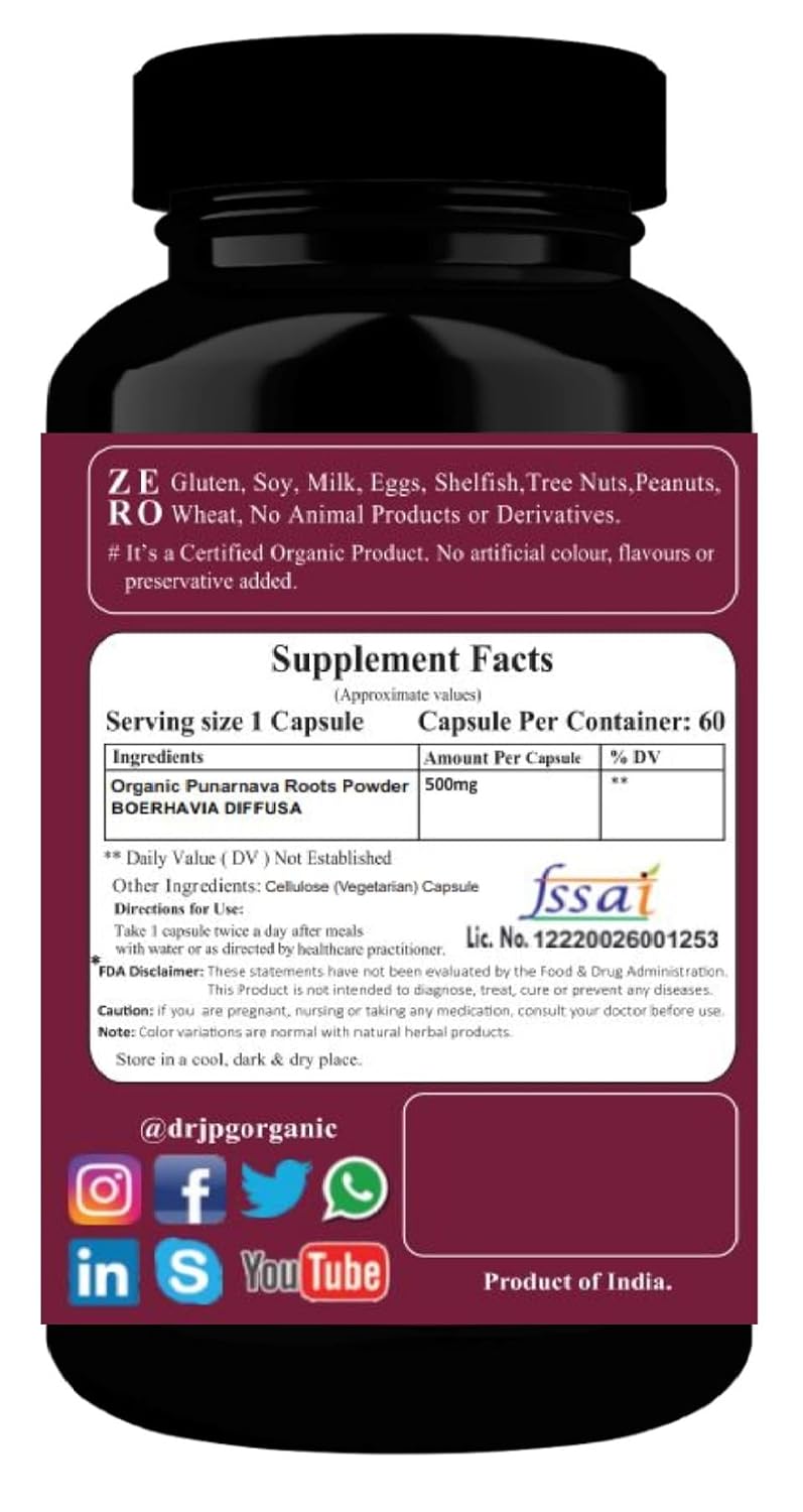 DR. JPG Organic Punarnava Capsules (500mg, 120 Veg Capsules) – Pack of 2 | For Liver & Urinary Wellness