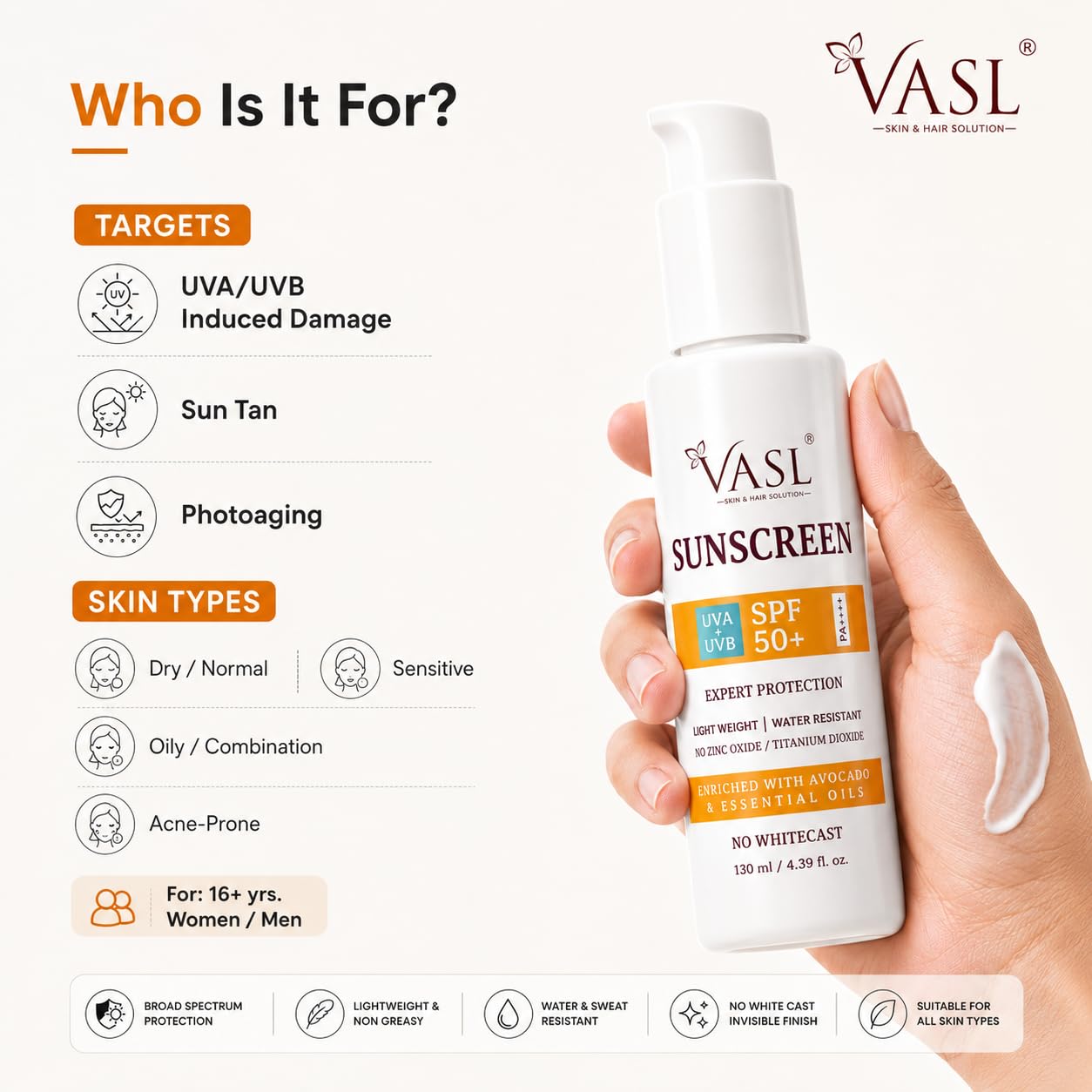 VASL Sunscreen SPF 50+ PA++++ - Broad Spectrum Daily UVA UVB Cream, 130ml