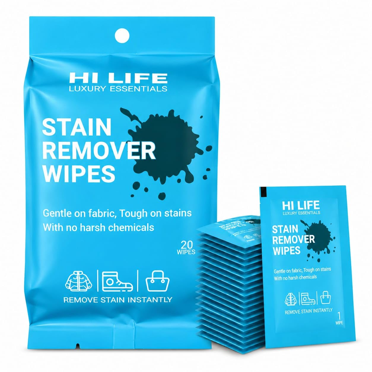 Hi Life Instant Stain Remover Wipes (Pack of 20) | Portable Emergency Stain Eraser Wipes for Clothes & Fabrics