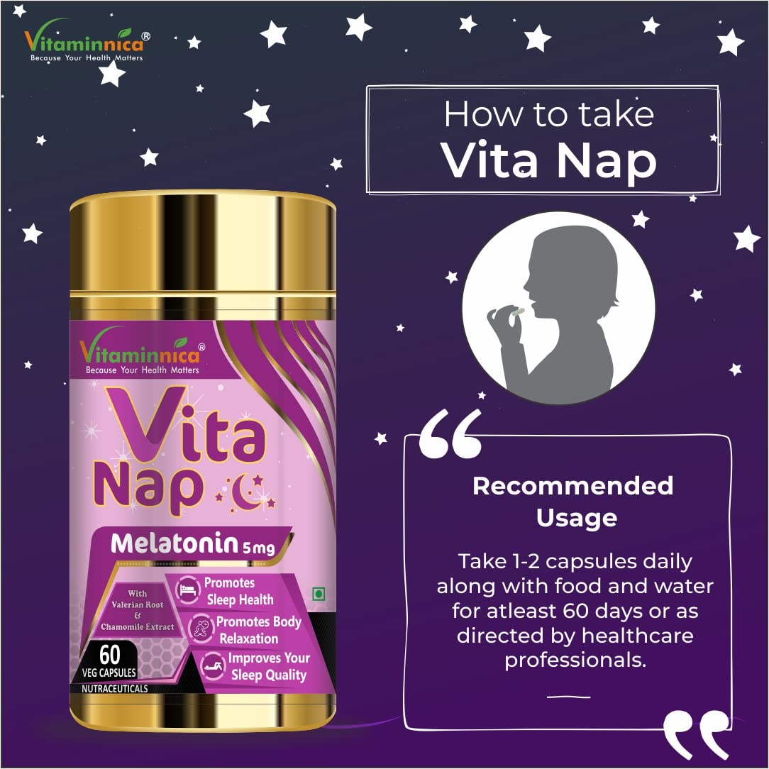 Vitaminnica Vita Nap Melatonin Sleeping Pills – Supports Restful Sleep, Fall Asleep Faster & Promotes Relaxation – Stress & Occasional Sleeplessness Support – 60 Veg Capsules