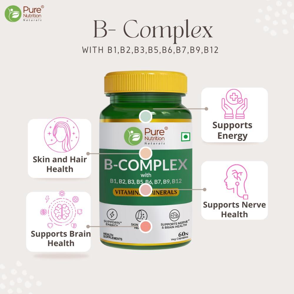 Pure Nutrition Vitamin B-Complex Tablets - 100% RDA for B Vitamins with B1, B2, B3, B5, B6, & B9| Boost immunity & support hair growth - 60 Veg Capsules