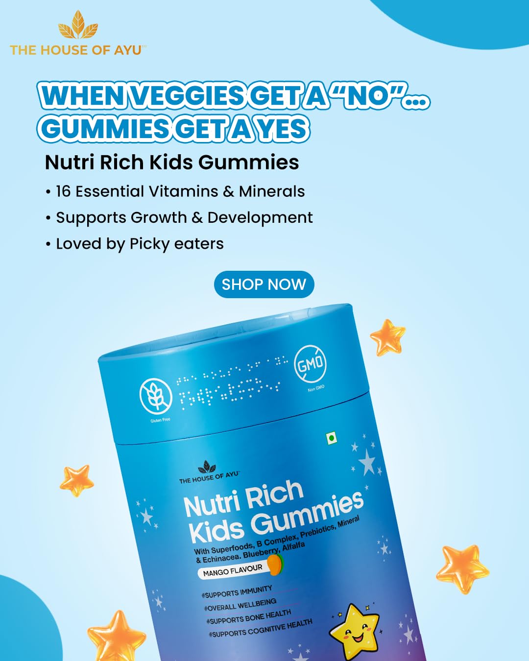 AYU Nutririch Kids Multivitamin Gummies | 16 Vitamins and Minerals | No Added Sugar | Immunity, Brain Health and Gut Support | Mango Flavour | 60 gummy stars